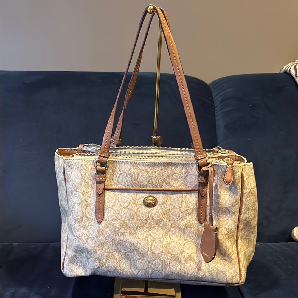 Coach Beige and Brown Signature Shoulder Bag